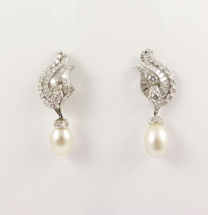 Pair of diamond cluster and natural pearl drop pendant earrings